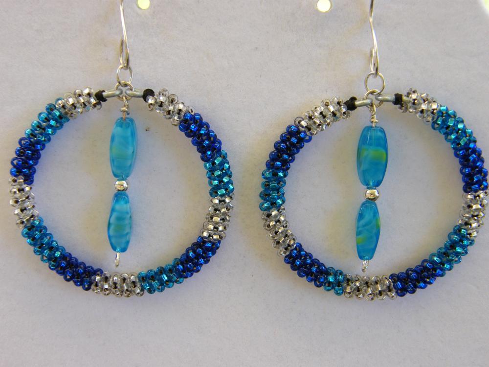 Earrings, Peyote Stitch Bead Hoops, Blue on Luulla